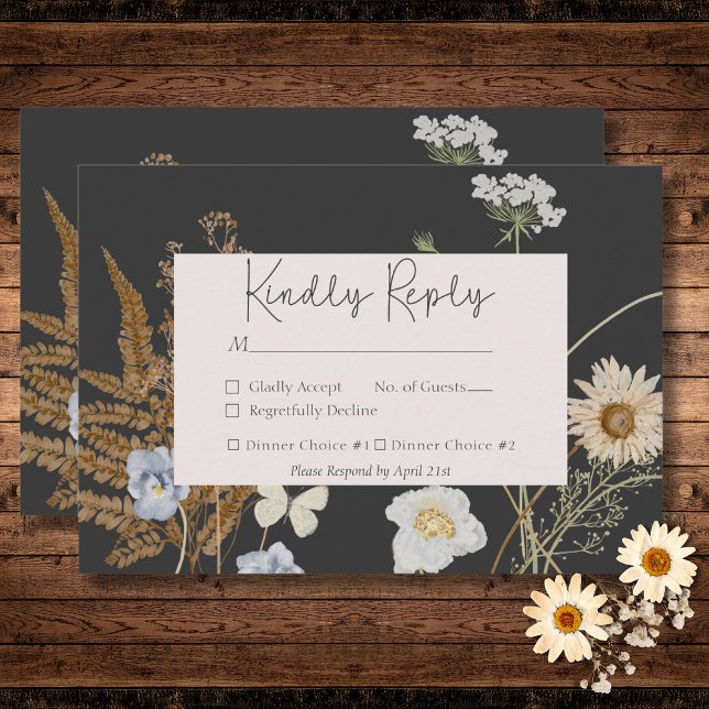 Wildblommor på Bröllop 2-middagen OSA Kort (Wildflowers on Charcoal Wedding QR Code RSVP Card)