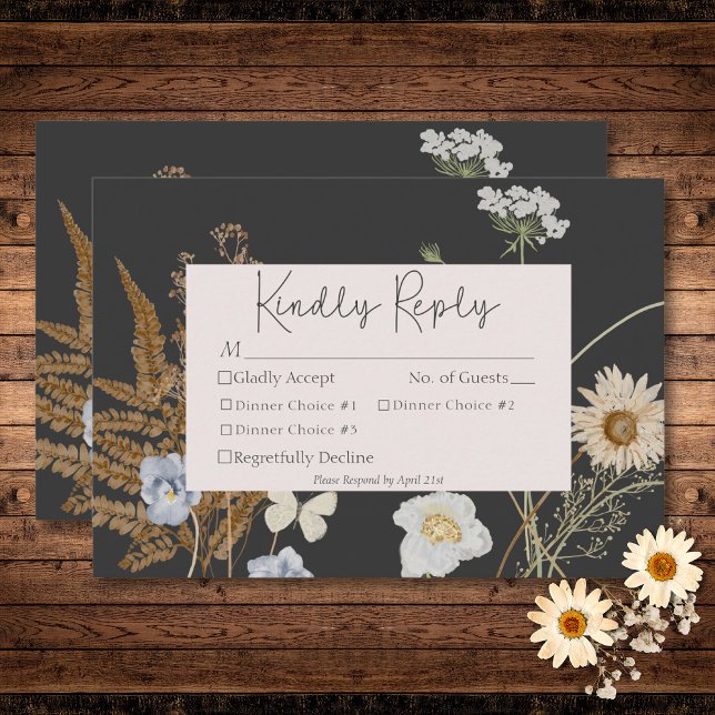Wildblommor på Bröllop tre middagar OSA Kort (Wildflowers on Charcoal Wedding Three Dinner RSVP Card)