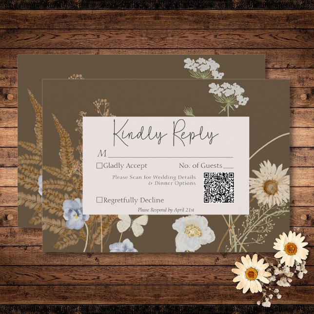 Wildblommor på Brown Bröllop QR-kod OSA Kort (Wildflowers on Brown Wedding QR Code RSVP Card)