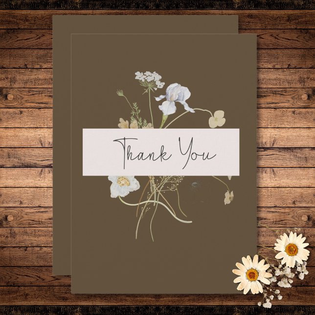 Wildblommor på Brown Bröllop Tack Kort (Wildflowers on Brown Wedding Thank You Card)