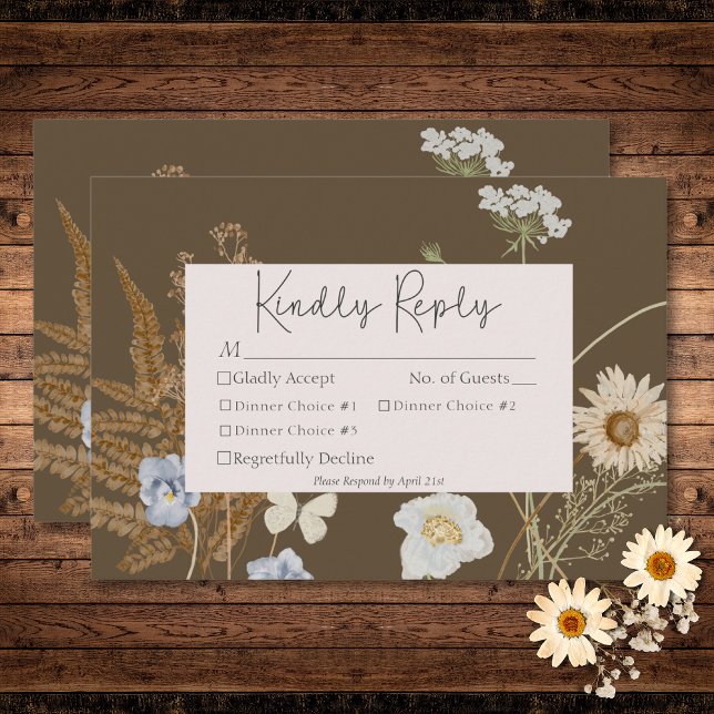 Wildblommor på Brown Bröllop tremiddag OSA Kort (Wildflowers on Brown Wedding Three Dinner RSVP Card)