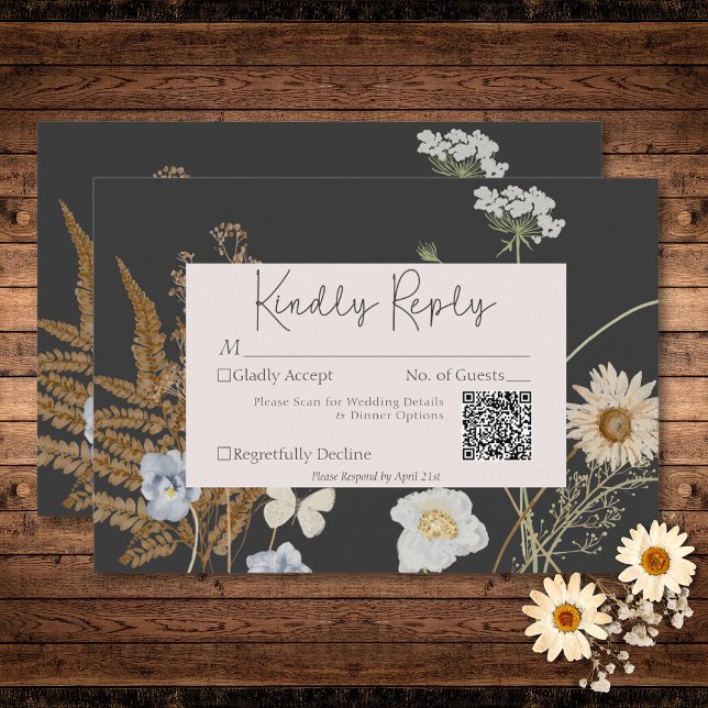 Wildblommor på Charcol Bröllop QR-kod OSA Kort (Wildflowers on Charcoal Wedding QR Code RSVP Card)