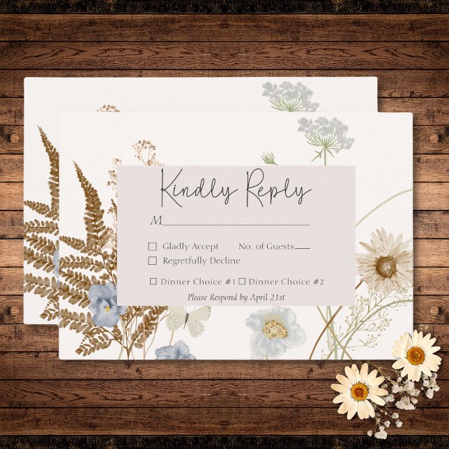 Wildblommor på Cream Bröllop 2-middagen OSA Kort (Wildflowers on Cream Wedding Two Dinner RSVP Card)