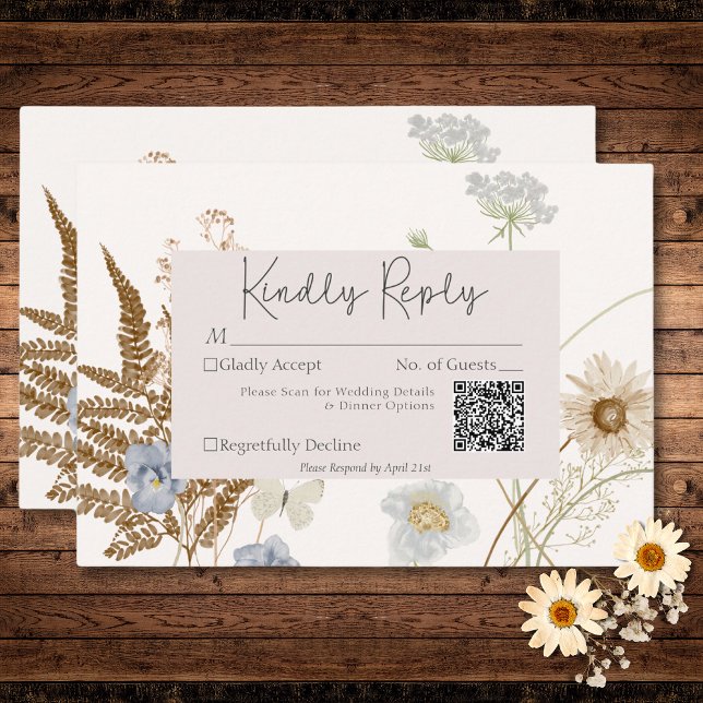 Wildblommor på Cream Bröllop QR-koden OSA Kort (Wildflowers on Cream Wedding QR Code RSVP Card)