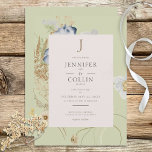 Wildblommor på inbjudan till Light Sage Wedding<br><div class="desc">Lägg märke till bröllop med lite rustik elegans. Vår fängslande bröllopsinbjudan har en levande arrangemang av vilda blommor och ferns, noggrant handritad och påminner om pressade botaniska skatter. Rik färg som solbränna, gult, kräm, blått och sage grönt framträder vackert mot en mjuk grönt bakgrund ram. Dina uppgifter om bröllop visas...</div>