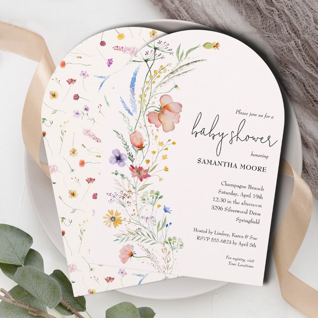 Wildblommor på ivoriansk babystölder överst inbjudningar (Wildflowers ivory baby  shower arch-top invitations - INSTANT DOWNLOAD and or PRINTED or both! )