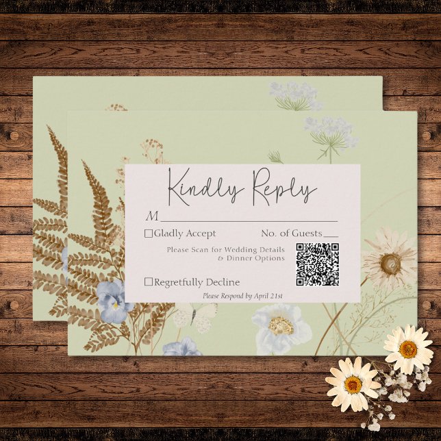 Wildblommor på Light Sage Bröllop QR-kod OSA Kort (Wildflowers on Light Sage Wedding QR Code RSVP Card)