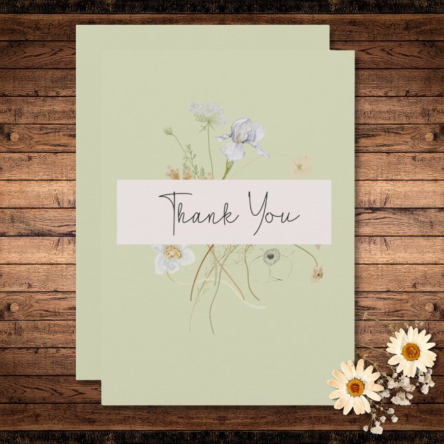 Wildblommor på Light Sage Bröllop Tack Kort (Wildflowers on Light Sage Wedding Thank You Card)