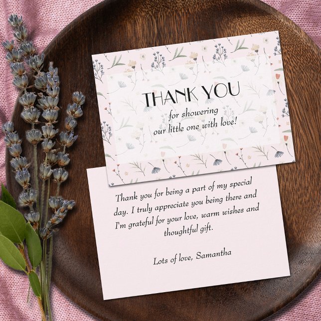 Wildblommor på Rosa Girl Baby Shower Tack Kort (Wildflowers on Pink Girl Baby Shower flat Thank You Cards with a message on the back)
