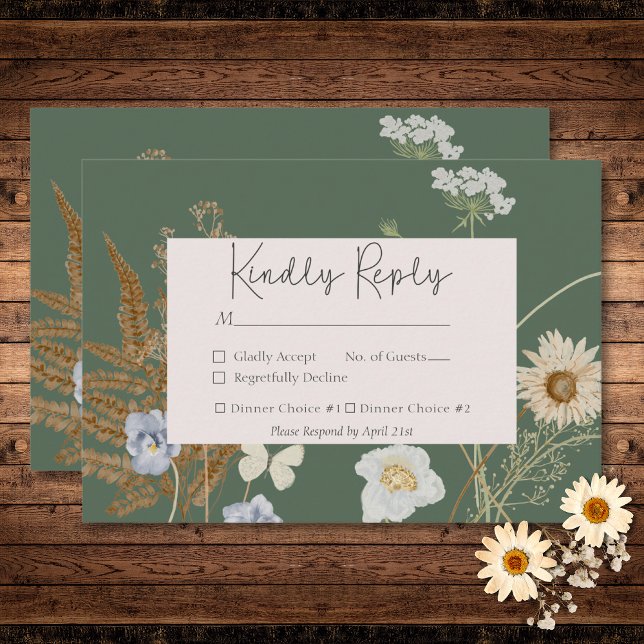 Wildblommor på Sage Bröllop 2 Middag OSA Kort (Wildflowers on Sage Wedding RSVP Card)