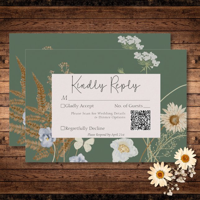 Wildblommor på Sage Grönt Bröllop QR-kod OSA Kort (Wildflowers on Sage Green Wedding QR Code RSVP Card)