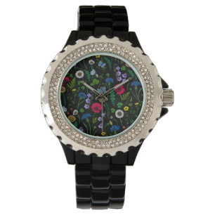 Wildblommor på svart armbandsur