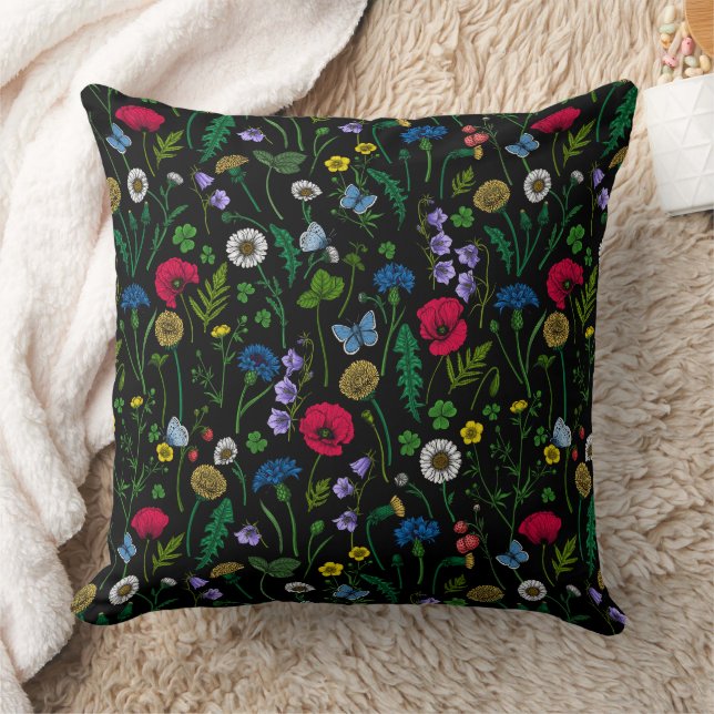 Wildblommor på svart kudde (Filt)