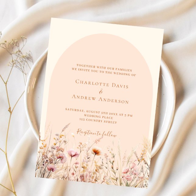 Wildblommor peach beige arch boho lyxury bröllop inbjudningar (Skapare uppladdad)
