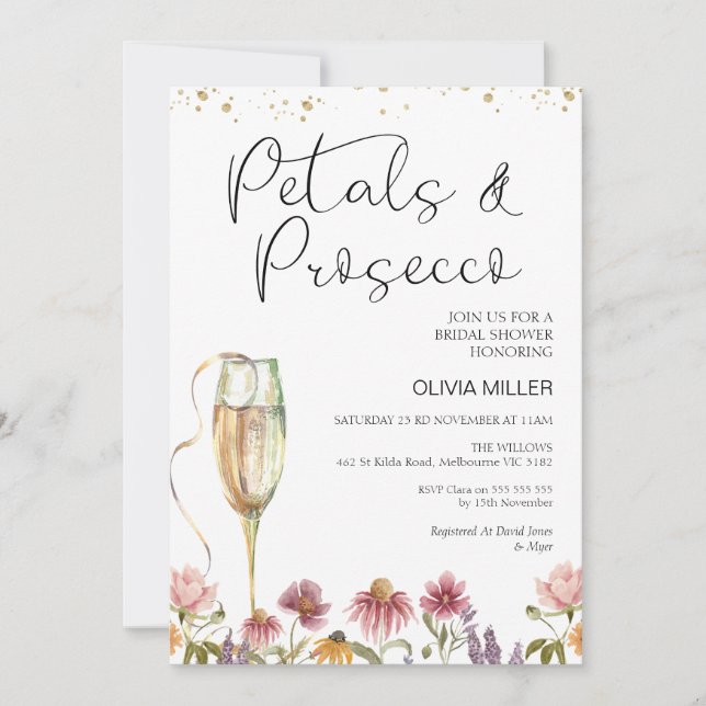 Wildblommor Petals och Prosecco Möhippa Inbjudningar (Framsida)