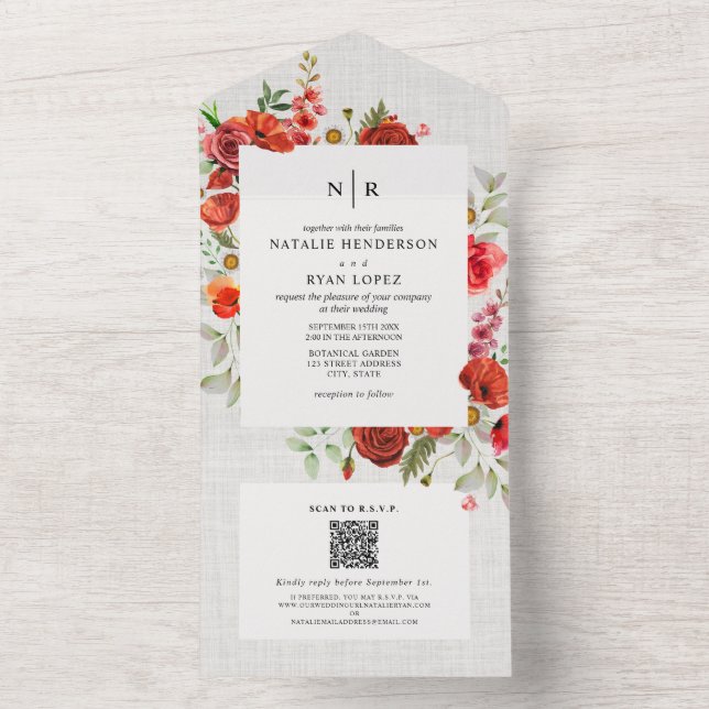 Wildblommor Poppy Red Blommigt Linen Bröllop QR OS (Insida)