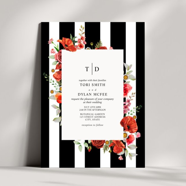 Wildblommor Red Floral Black White Stripe Wedding Inbjudningar (Skapare uppladdad)