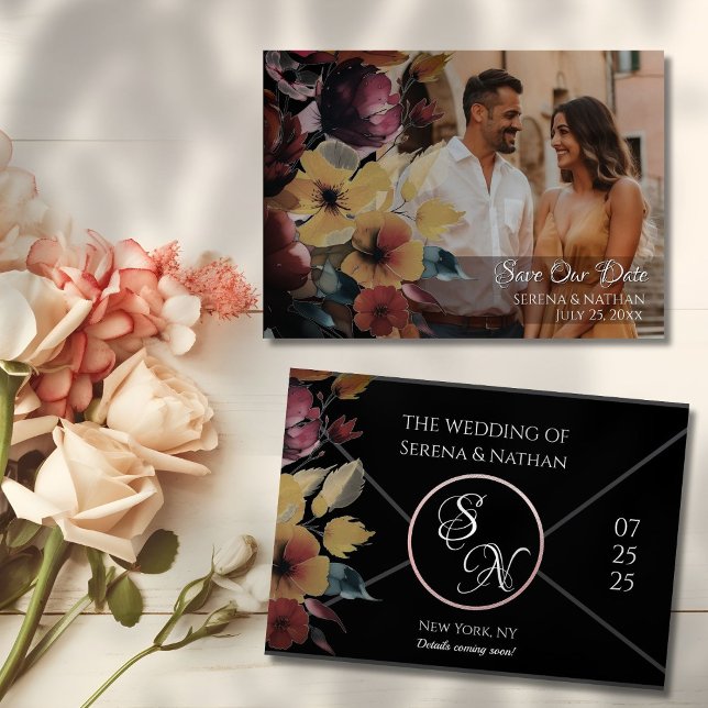 Wildblommor Ro Guld sparar datumfotokortet Spara Datumet (Love is in bloom! Ask guests to save the date with this modern floral design to accent your photo)