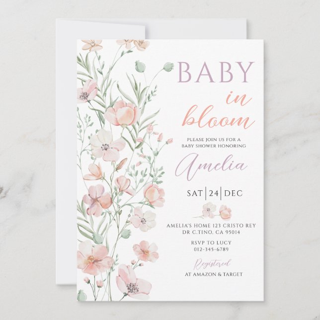 Wildblommor Rosa Baby i Bloom Baby Shower Inbjudningar (Framsida)
