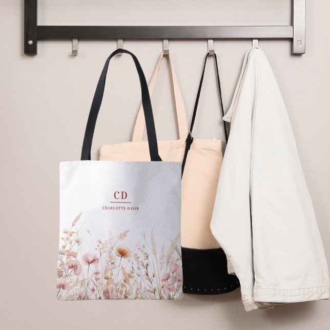 Wildblommor rosa beige monogram namn tygkasse (Skapare uppladdad)