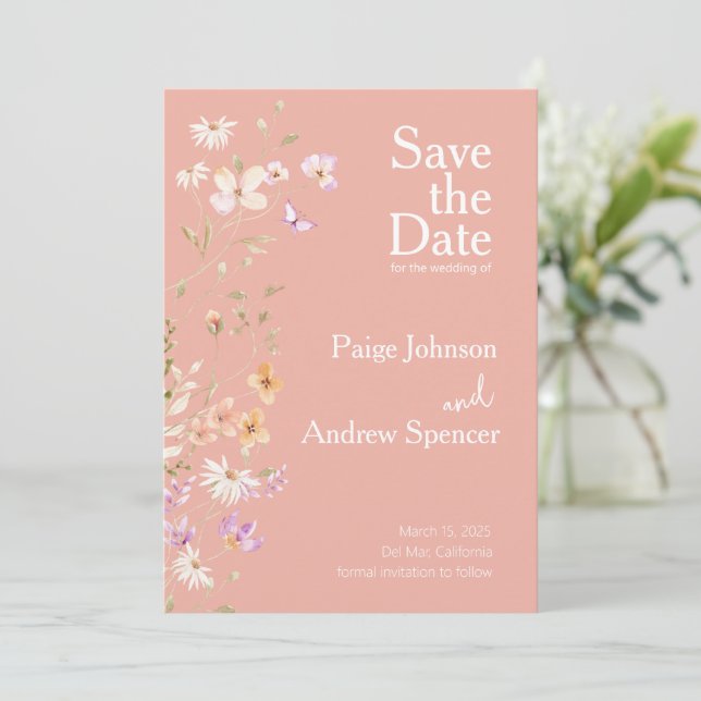 Wildblommor Rosa Bröllop spara datum Inbjudningar (Stående Fram)