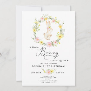 Wildblommor rosa Little Bunny 1:a födelsedag Inbjudningar
