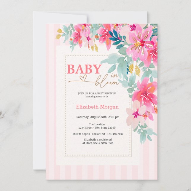 Wildblommor Rosa Rand Baby i Bloom Baby Shower Inbjudningar (Framsida)