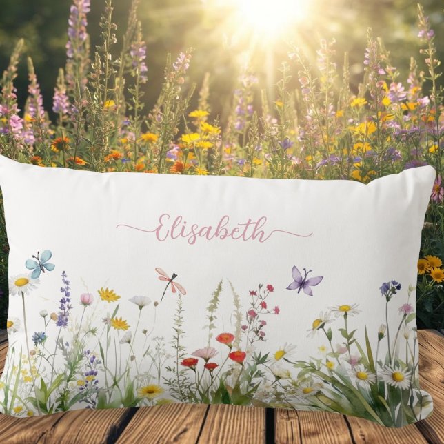 Wildblommor Rosa Script Namn Lumbarkudde (Wildflowers Pink Script Name Lumbar Pillow)