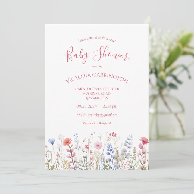 Wildblommor Rosa Watercolor Blommigt Baby Shower Inbjudningar (Stående Fram)
