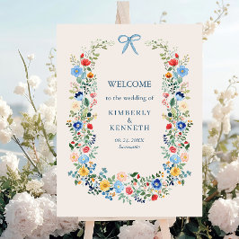 Wildblommor Rustic Blue Bow Bröllop Välkommen Poster
