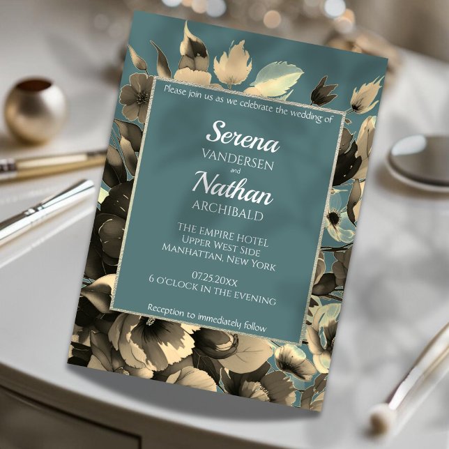 Wildblommor Sage Classic bröllopsinbjudan Inbjudningar (Sage green and gold tones are featured in this modern twist on the classic floral wedding invitation)