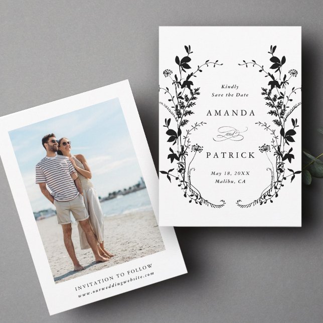 Wildblommor Silhouette Bröllop Photo Black & White Spara Datumet (Front & Back)