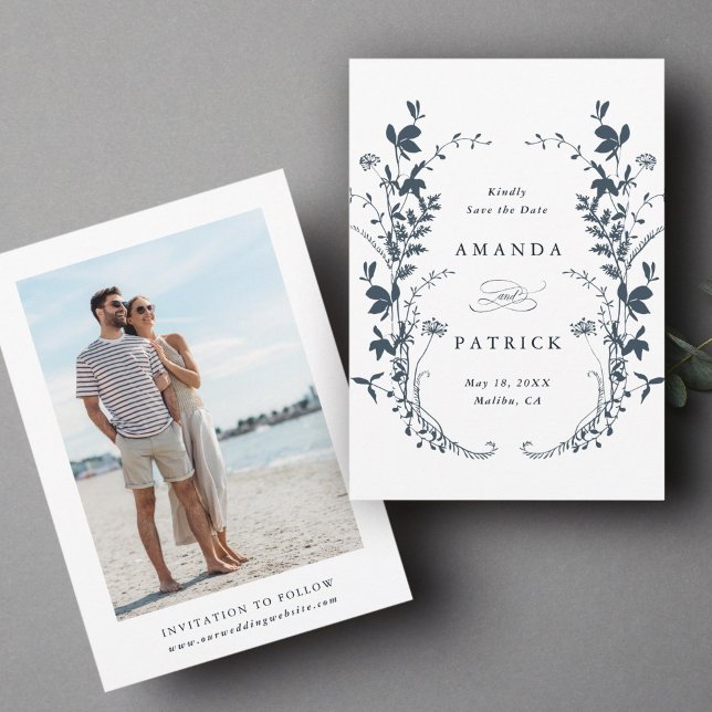 Wildblommor Silhouette Bröllop Photo Navy Blue Spara Datumet (Front & Back)