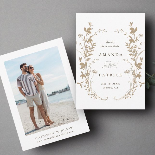 Wildblommor Silhouette Wandan Bröllop Photo Tan Spara Datumet (Front & Back)