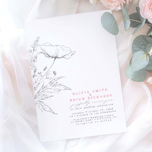 Wildblommor Sketch Elegant Rosa Grått Bröllop Inbjudningar