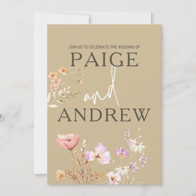 Wildblommor Tan Farmhouse bröllopsinbjudan 2 Inbjudningar (Framsida)
