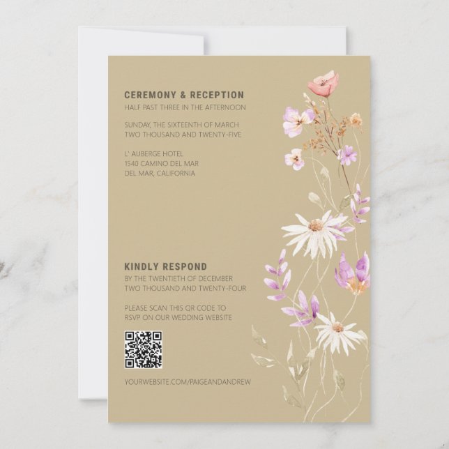Wildblommor Tan Farmhouse bröllopsinbjudan Inbjudningar (Baksida)