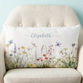 Wildblommor Teal Blue Script Namn Lumbarkudde