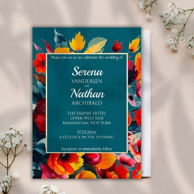 Wildblommor Teal Classic Wedding bjudande Inbjudningar (This colorful modern floral wedding invitation in teal features a sparkling frame around your text)