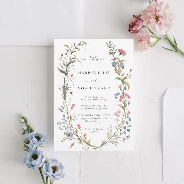 Wildblommor Teme Viktigt Pastels Modern Bröllop Inbjudningar (wildflowers wedding invitation manor floral frame modern garden outdoors indoors backyard barn blue )