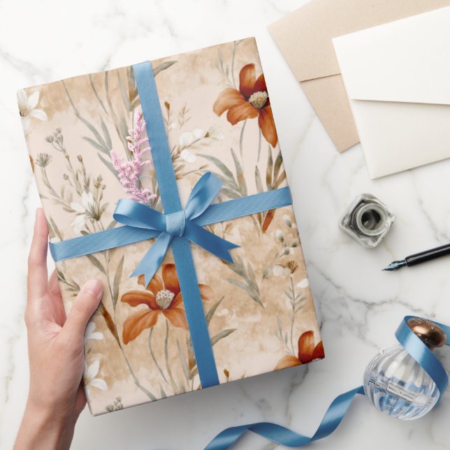 Wildblommor Terracotta Botanical Mönster Presentpapper (Gifting)