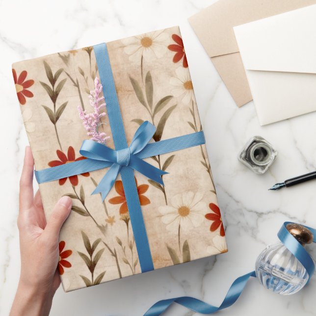 Wildblommor Terracotta Botanical Mönster Presentpapper (Gifting)