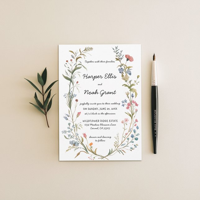 Wildblommor Theme Pastel Blue Hand Write Bröllop Inbjudningar (wildflowers wedding invitation manor floral frame hand-written modern garden backyard barn blue pink)
