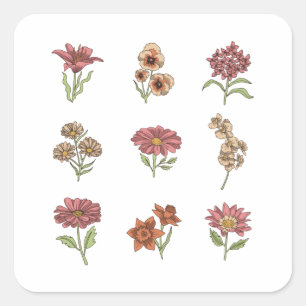 Wildblommor Vintage Flowers Botanical Fyrkantigt Klistermärke