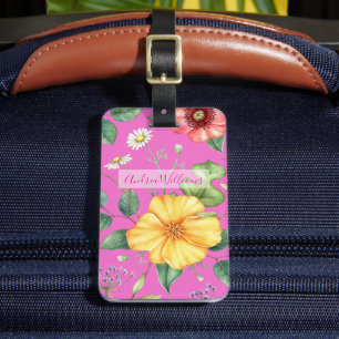 Wildblommor Vintage Teckning / Chick, Rosa Bagagebricka