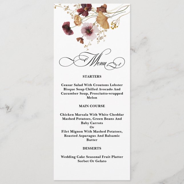 Wildblommor Watercolor Blommigt Calligraphy Bröllo Meny (Framsida)