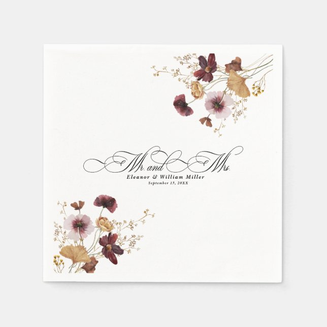 Wildblommor Watercolor Blommigt Calligraphy Bröllo Pappersservett (Framsidan)