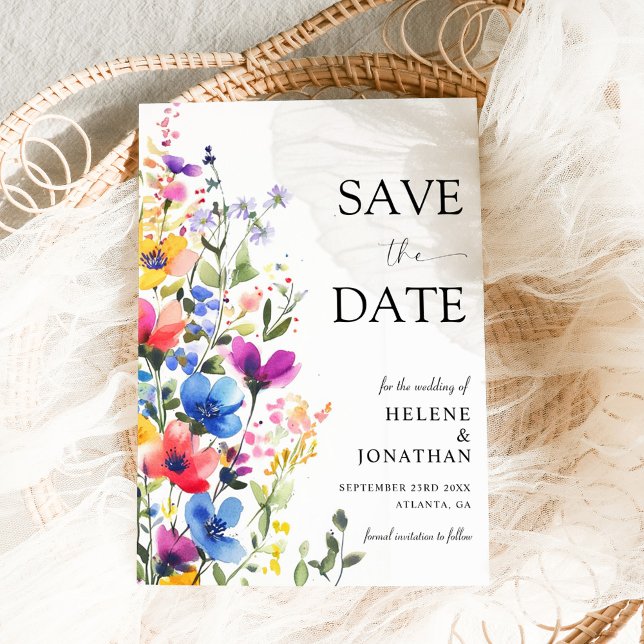 Wildblommor Watercolor Garden Elegant bröllop Spara Datumet (Wildflower Watercolor Garden Elegant Wedding Save The Date)