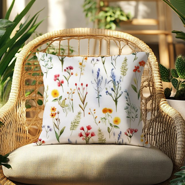 Wildblommor Watercolor Summer Blommigt Botanical Kudde (Wildflower Watercolor Summer Floral Botanical Throw Pillow)