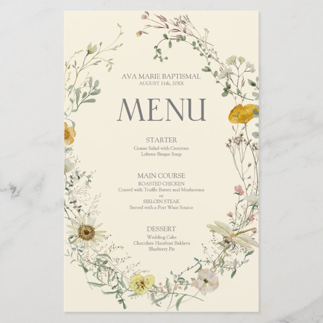 Wildblommor Watercolor Summer Fall Menu (Framsida)